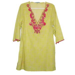 Antonio Melani‎ 100% Cotton Tunic Size Medium Lime Green Pink Damask Embellished